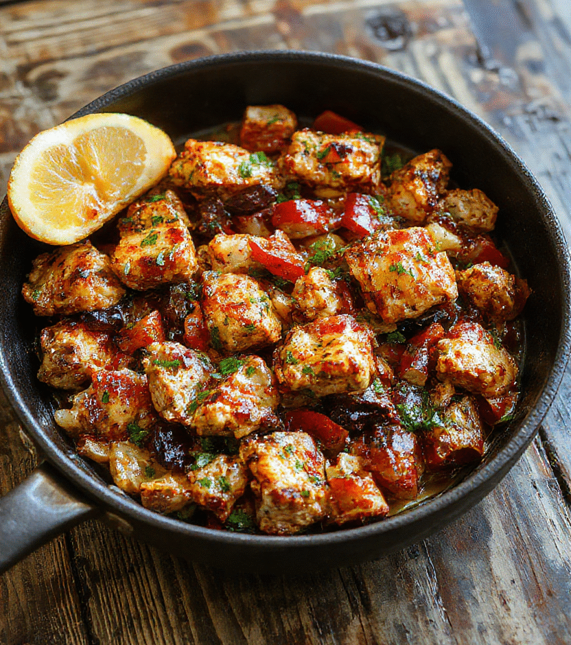 A vibrant plate of chicken fajitas featuring colorful sliced bell peppers and onions with grilled chicken strips, all neatly arranged on a rustic wooden surface, accented with fresh cilantro and lime wedges, showcasing a textured and appetizing presentation.