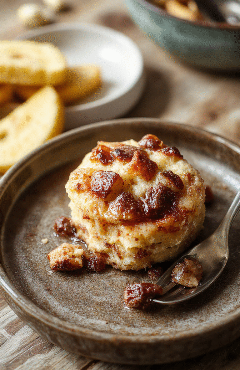 A warm, golden-brown bread pudding served in a rustic dish, topped with a drizzle of caramel sauce and a dollop of whipped cream. The dessert features gooey, custardy bread with crispy edges, styled with fresh berries and a sprinkle of powdered sugar, against a cozy kitchen background with soft natural lighting.