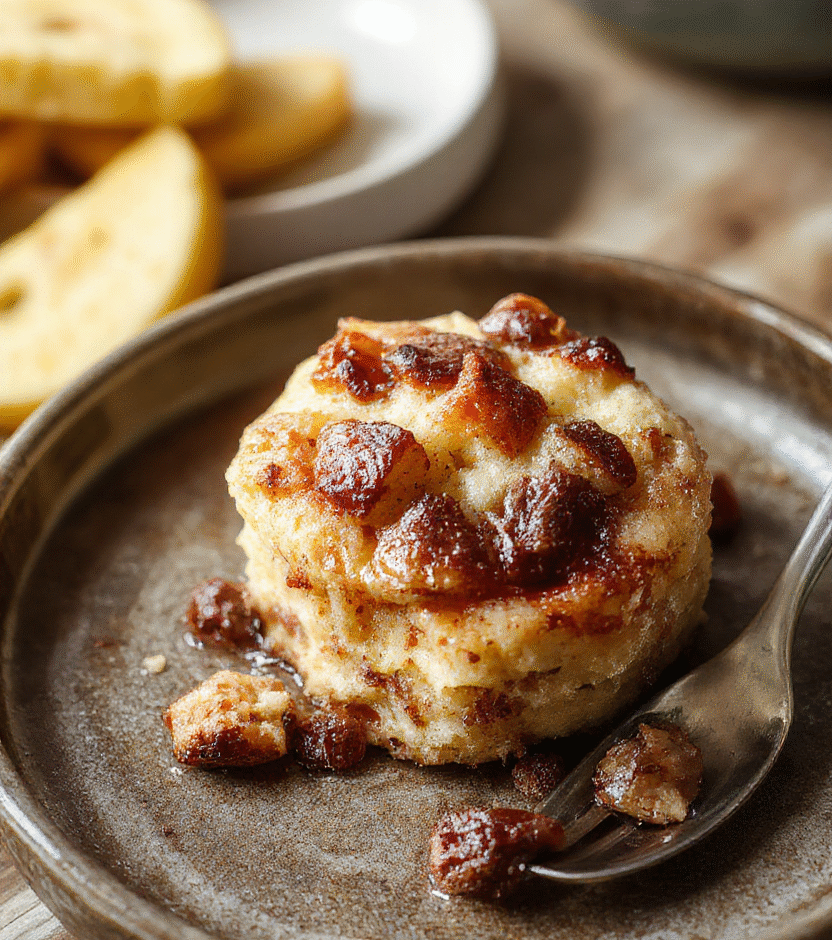 A warm, golden-brown bread pudding served in a rustic dish, topped with a drizzle of caramel sauce and a dollop of whipped cream. The dessert features gooey, custardy bread with crispy edges, styled with fresh berries and a sprinkle of powdered sugar, against a cozy kitchen background with soft natural lighting.
