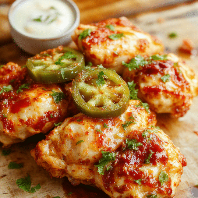 A vibrant plate of spicy jalapeño chicken featuring juicy grilled chicken breasts topped with thinly sliced jalapeños, sprinkled with fresh herbs, surrounded by colorful vegetables and a side of rice. The dish is plated on a rustic wooden table with natural light highlighting the spicy, savory texture and bright green jalapeños enhancing the visual appeal.