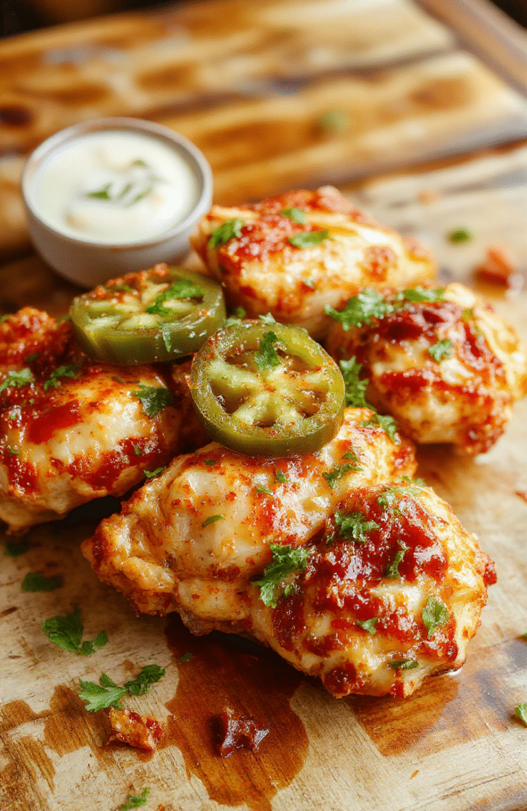 A vibrant plate of spicy jalapeño chicken featuring juicy grilled chicken breasts topped with thinly sliced jalapeños, sprinkled with fresh herbs, surrounded by colorful vegetables and a side of rice. The dish is plated on a rustic wooden table with natural light highlighting the spicy, savory texture and bright green jalapeños enhancing the visual appeal.