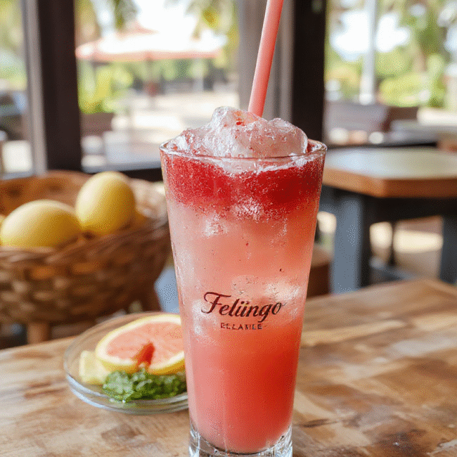 A vibrant pink Flamingo Refresher in a clear glass with ice cubes, garnished with fresh strawberries and mint leaves, served on a colorful tropical table with a straw. The background features a sunny outdoor setting with palm leaves and bright sunlight highlighting the refreshing drink's smooth texture and lively color.