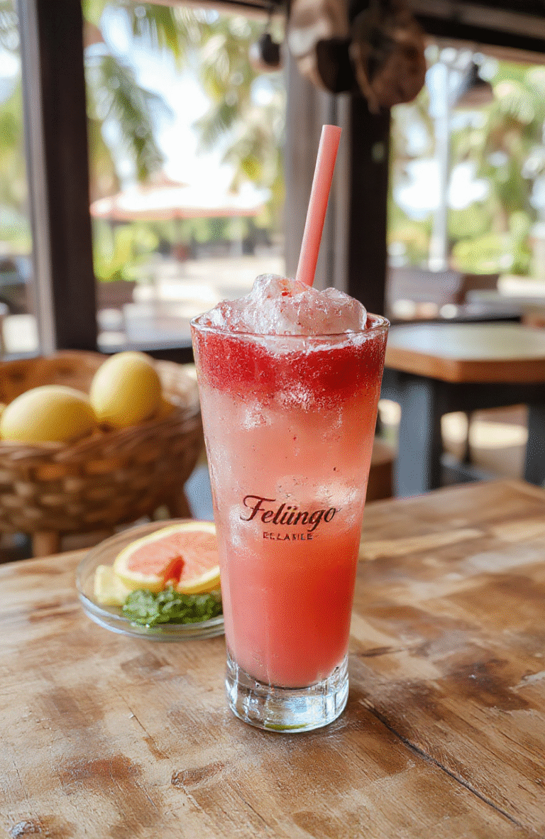A vibrant pink Flamingo Refresher in a clear glass with ice cubes, garnished with fresh strawberries and mint leaves, served on a colorful tropical table with a straw. The background features a sunny outdoor setting with palm leaves and bright sunlight highlighting the refreshing drink's smooth texture and lively color.