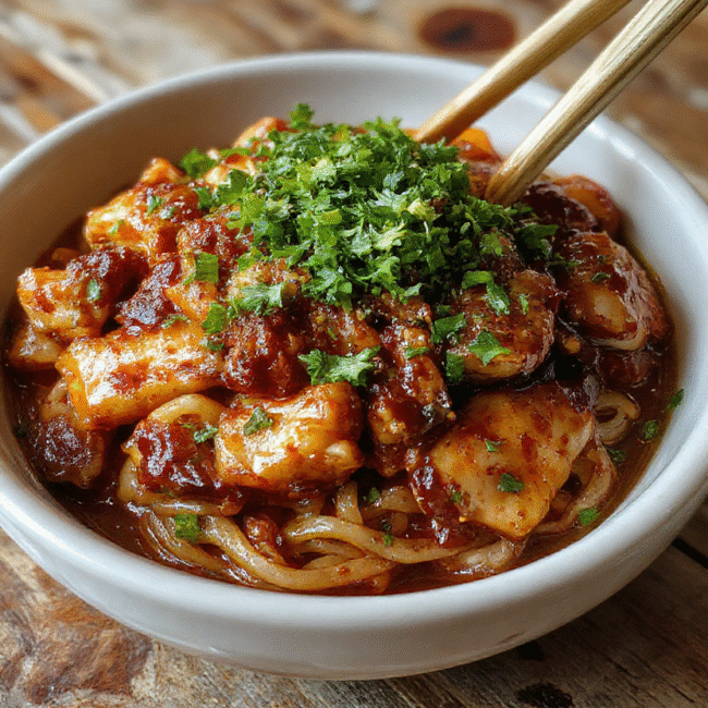 A close-up of sticky garlic chicken noodles on a white plate, topped with sliced green onions and sesame seeds, glossy sauce coating tender noodles and crispy chicken pieces, vibrant colors, casual rustic presentation with a wooden table background.