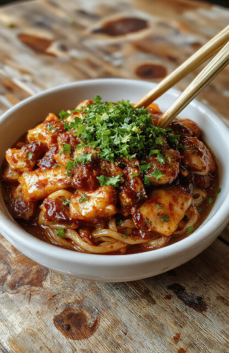 A close-up of sticky garlic chicken noodles on a white plate, topped with sliced green onions and sesame seeds, glossy sauce coating tender noodles and crispy chicken pieces, vibrant colors, casual rustic presentation with a wooden table background.