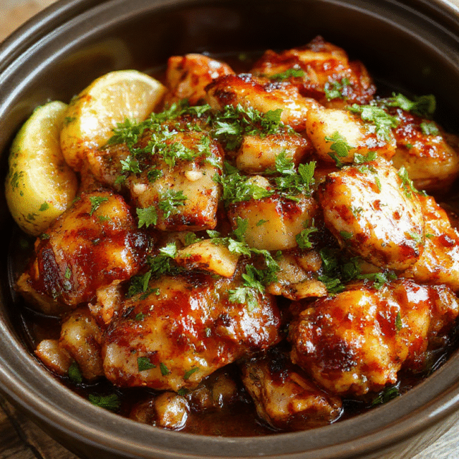 A vibrant plate featuring tender shredded chicken glazed with pineapple and teriyaki sauce, garnished with green onions and sesame seeds, served on a rustic wooden table with fresh pineapple slices and colorful vegetables, showcasing a glossy, sticky texture and tropical flavors.