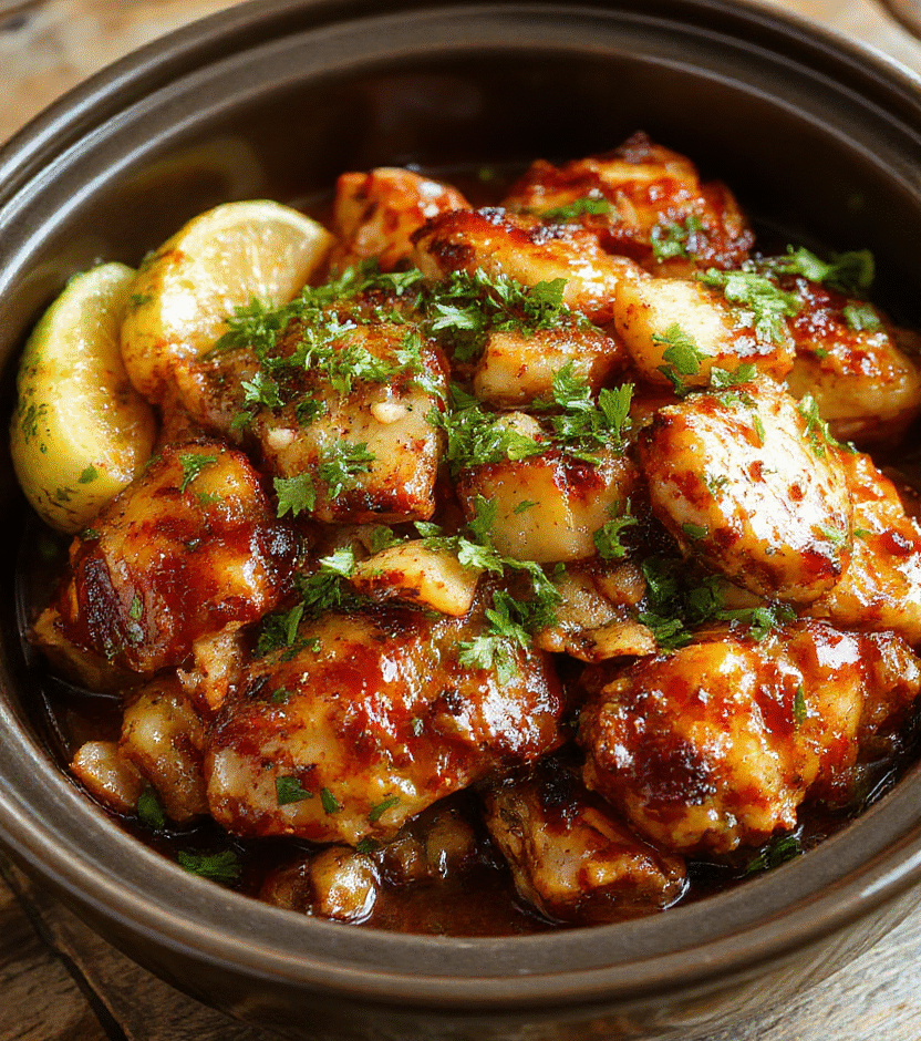 A vibrant plate featuring tender shredded chicken glazed with pineapple and teriyaki sauce, garnished with green onions and sesame seeds, served on a rustic wooden table with fresh pineapple slices and colorful vegetables, showcasing a glossy, sticky texture and tropical flavors.
