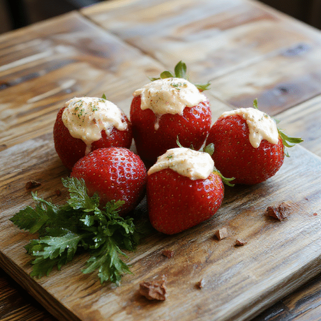 A vibrant plate of deviled strawberries featuring halved fresh red strawberries filled with a smooth creamy filling, garnished with a light drizzle of chocolate and colorful sprinkles, styled on a rustic wooden table with soft natural light highlighting the glossy texture and inviting colors