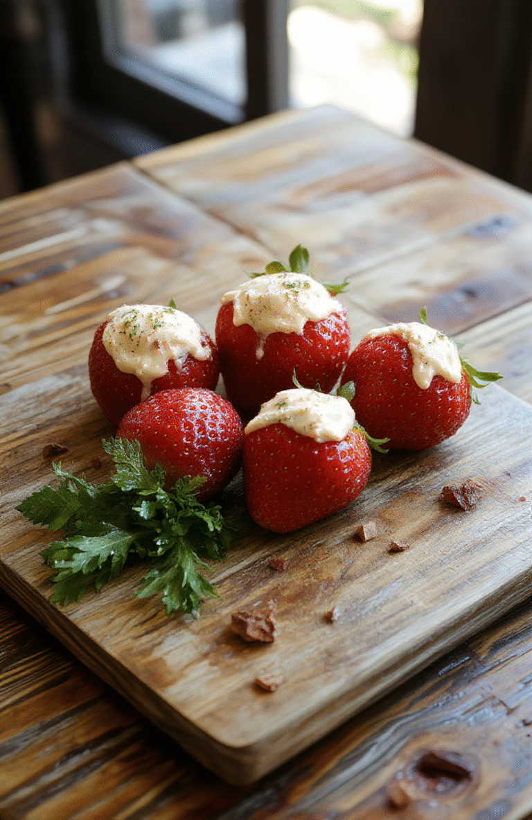 A vibrant plate of deviled strawberries featuring halved fresh red strawberries filled with a smooth creamy filling, garnished with a light drizzle of chocolate and colorful sprinkles, styled on a rustic wooden table with soft natural light highlighting the glossy texture and inviting colors
