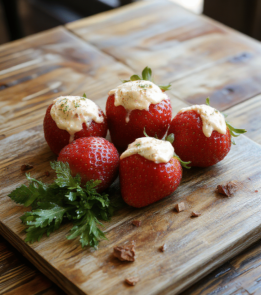 A vibrant plate of deviled strawberries featuring halved fresh red strawberries filled with a smooth creamy filling, garnished with a light drizzle of chocolate and colorful sprinkles, styled on a rustic wooden table with soft natural light highlighting the glossy texture and inviting colors