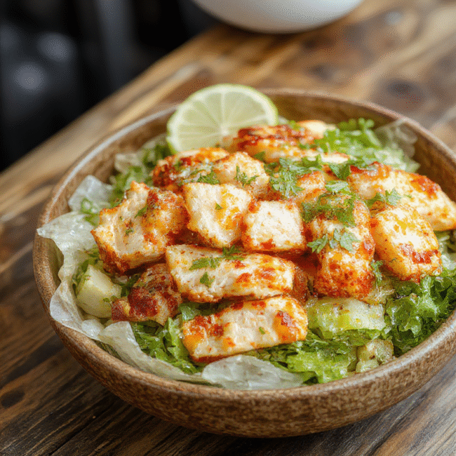 A vibrant bowl of Honey Hot Chicken Salad featuring crispy chicken pieces coated in a glossy spicy honey glaze, mixed greens, cherry tomatoes, and crunchy almonds. The salad is beautifully plated on a rustic wooden table, showcasing the colorful ingredients and textured toppings, with a drizzle of honey and spicy sauce topping. Soft natural light highlights the glistening sauce and fresh textures.