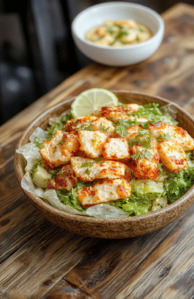 A vibrant bowl of Honey Hot Chicken Salad featuring crispy chicken pieces coated in a glossy spicy honey glaze, mixed greens, cherry tomatoes, and crunchy almonds. The salad is beautifully plated on a rustic wooden table, showcasing the colorful ingredients and textured toppings, with a drizzle of honey and spicy sauce topping. Soft natural light highlights the glistening sauce and fresh textures.