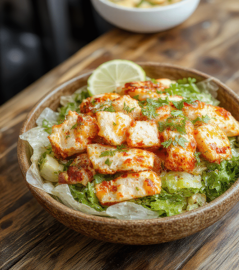 A vibrant bowl of Honey Hot Chicken Salad featuring crispy chicken pieces coated in a glossy spicy honey glaze, mixed greens, cherry tomatoes, and crunchy almonds. The salad is beautifully plated on a rustic wooden table, showcasing the colorful ingredients and textured toppings, with a drizzle of honey and spicy sauce topping. Soft natural light highlights the glistening sauce and fresh textures.