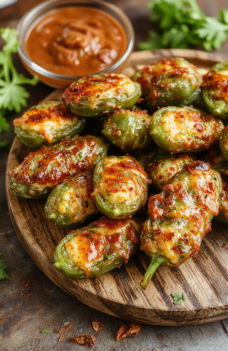 Golden brown air fryer jalapeno poppers arranged on a rustic wooden plate, with melted cheesy filling visible and fresh green jalapenos on top, styled with a sprinkle of chopped herbs and a vibrant background of fresh peppers and a dipping sauce, highlighting crisp textures and cheesy indulgence.