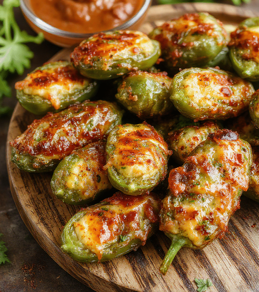 Golden brown air fryer jalapeno poppers arranged on a rustic wooden plate, with melted cheesy filling visible and fresh green jalapenos on top, styled with a sprinkle of chopped herbs and a vibrant background of fresh peppers and a dipping sauce, highlighting crisp textures and cheesy indulgence.