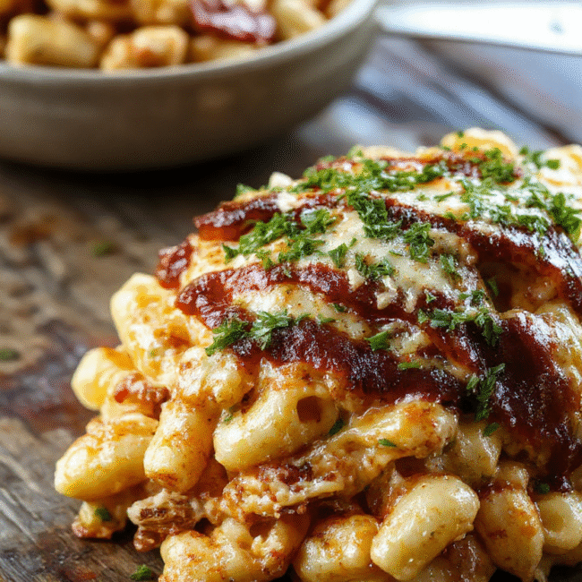 A creamy macaroni and cheese dish topped with shredded BBQ chicken, garnished with chopped green onions and melted cheese, served in a rustic bowl with a vibrant sauce, textured with crispy edges and cheesy gooeyness, styled casually with a wooden background.