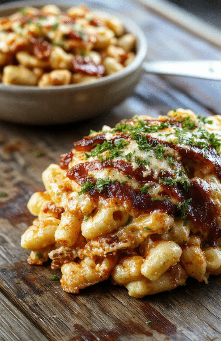 A creamy macaroni and cheese dish topped with shredded BBQ chicken, garnished with chopped green onions and melted cheese, served in a rustic bowl with a vibrant sauce, textured with crispy edges and cheesy gooeyness, styled casually with a wooden background.