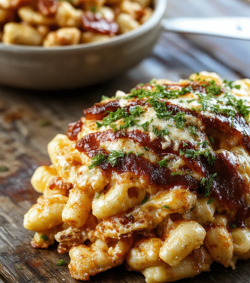 A creamy macaroni and cheese dish topped with shredded BBQ chicken, garnished with chopped green onions and melted cheese, served in a rustic bowl with a vibrant sauce, textured with crispy edges and cheesy gooeyness, styled casually with a wooden background.