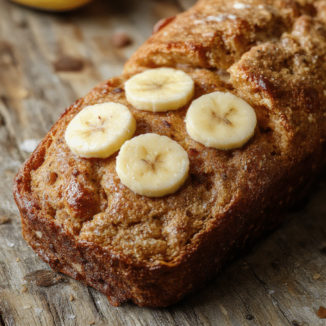 Golden-brown banana bread slices arranged on a rustic wooden cutting board with a soft crumb visible, topped with a pat of melting butter. The bread has a moist texture, with a slightly cracked crust and specks of mashed bananas. Natural light highlights the inviting, fluffy interior with a hint of cinnamon, styled simply for an inviting homemade feel.