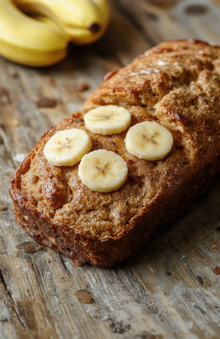 Golden-brown banana bread slices arranged on a rustic wooden cutting board with a soft crumb visible, topped with a pat of melting butter. The bread has a moist texture, with a slightly cracked crust and specks of mashed bananas. Natural light highlights the inviting, fluffy interior with a hint of cinnamon, styled simply for an inviting homemade feel.