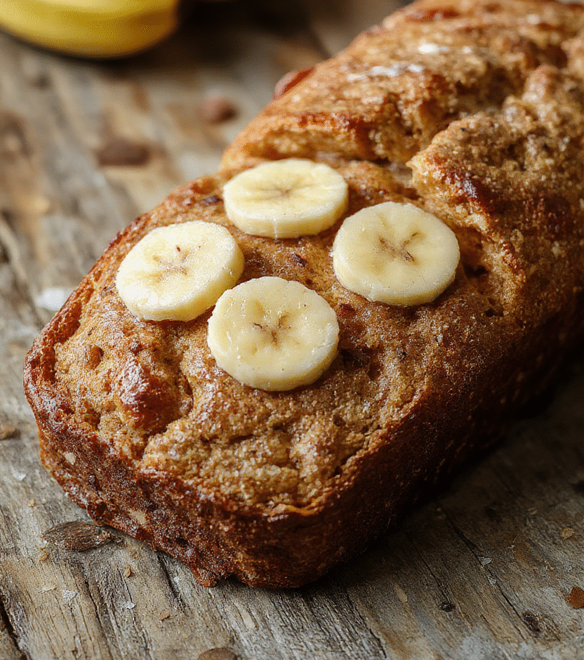 Golden-brown banana bread slices arranged on a rustic wooden cutting board with a soft crumb visible, topped with a pat of melting butter. The bread has a moist texture, with a slightly cracked crust and specks of mashed bananas. Natural light highlights the inviting, fluffy interior with a hint of cinnamon, styled simply for an inviting homemade feel.