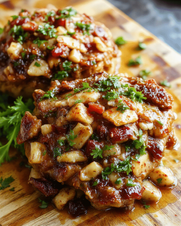Thick-cut pork chops, deeply golden-brown and slightly caramelized, nestled in a rich, glossy onion and gravy sauce with tender sautéed mushrooms and garlic, served straight from a cast-iron skillet onto a rustic wooden board, garnished with fresh parsley