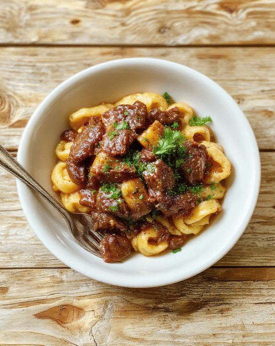 Golden-brown beef tips in a rich, glossy brown gravy, served over soft egg noodles on a white ceramic plate. Sprinkled with fresh parsley, the dish features tender cubes of beef and silky noodles with a hint of buttery sheen, on a rustic wooden table with soft natural lighting.