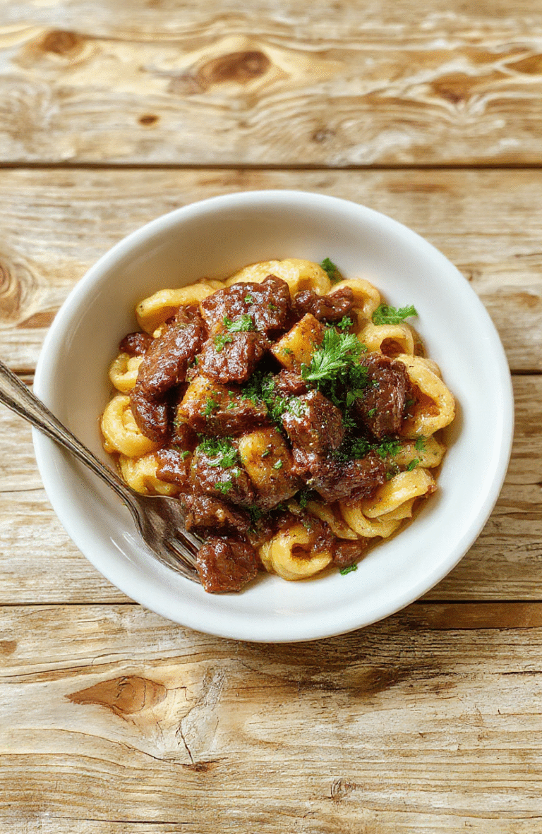 Golden-brown beef tips in a rich, glossy brown gravy, served over soft egg noodles on a white ceramic plate. Sprinkled with fresh parsley, the dish features tender cubes of beef and silky noodles with a hint of buttery sheen, on a rustic wooden table with soft natural lighting.