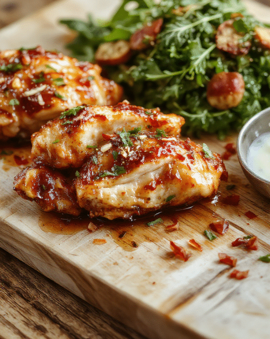 Golden-brown honey pepper chicken pieces glistening with sticky glaze, nestled on a rustic wooden board with sliced jalapeños, fresh cilantro, and cracked black pepper, surrounded by honey dripping from a wooden spoon and chili flakes scattered artfully.