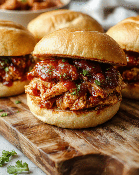 Golden-brown pulled chicken shredded and coated in smoky red BBQ sauce, piled high on a toasted brioche bun with lightly pickled red onions and fresh cilantro on a rustic wooden board, soft natural light, shallow depth of field