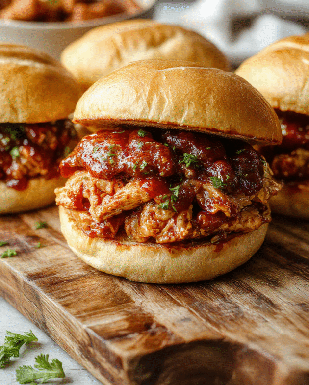 Golden-brown pulled chicken shredded and coated in smoky red BBQ sauce, piled high on a toasted brioche bun with lightly pickled red onions and fresh cilantro on a rustic wooden board, soft natural light, shallow depth of field