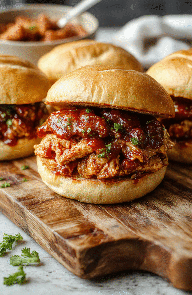 Golden-brown pulled chicken shredded and coated in smoky red BBQ sauce, piled high on a toasted brioche bun with lightly pickled red onions and fresh cilantro on a rustic wooden board, soft natural light, shallow depth of field