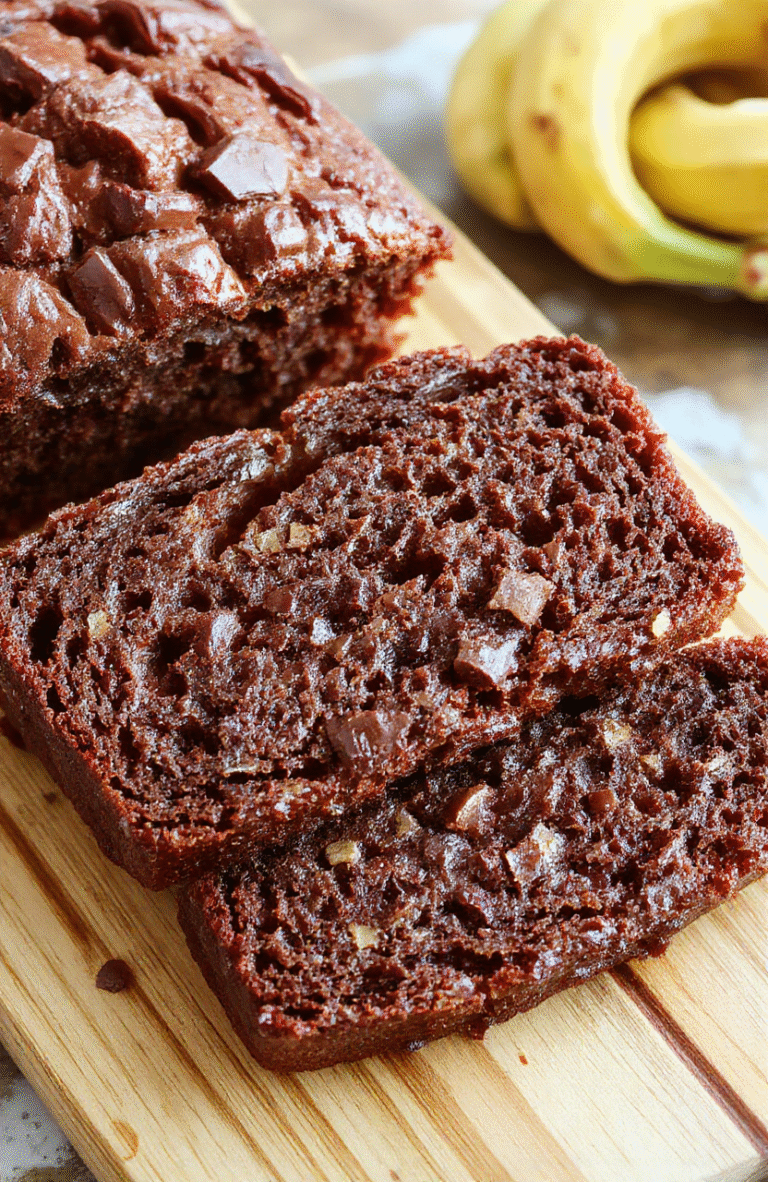 Rich, fudgy chocolate banana bread loaf sliced open to reveal a tender, moist crumb with visible banana swirls and chocolate chips, dusted with powdered sugar, resting on a rustic wooden cutting board beside a ripe banana and cinnamon stick, soft natural light, shallow depth of field